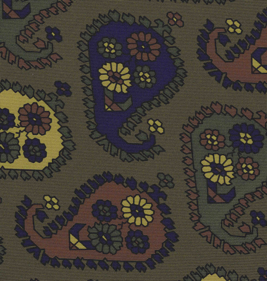 {[en]:Yellow Gold, Blue, Burgundy, Dark Olive Green & Black on Olive Green Print Pattern Silk Tie