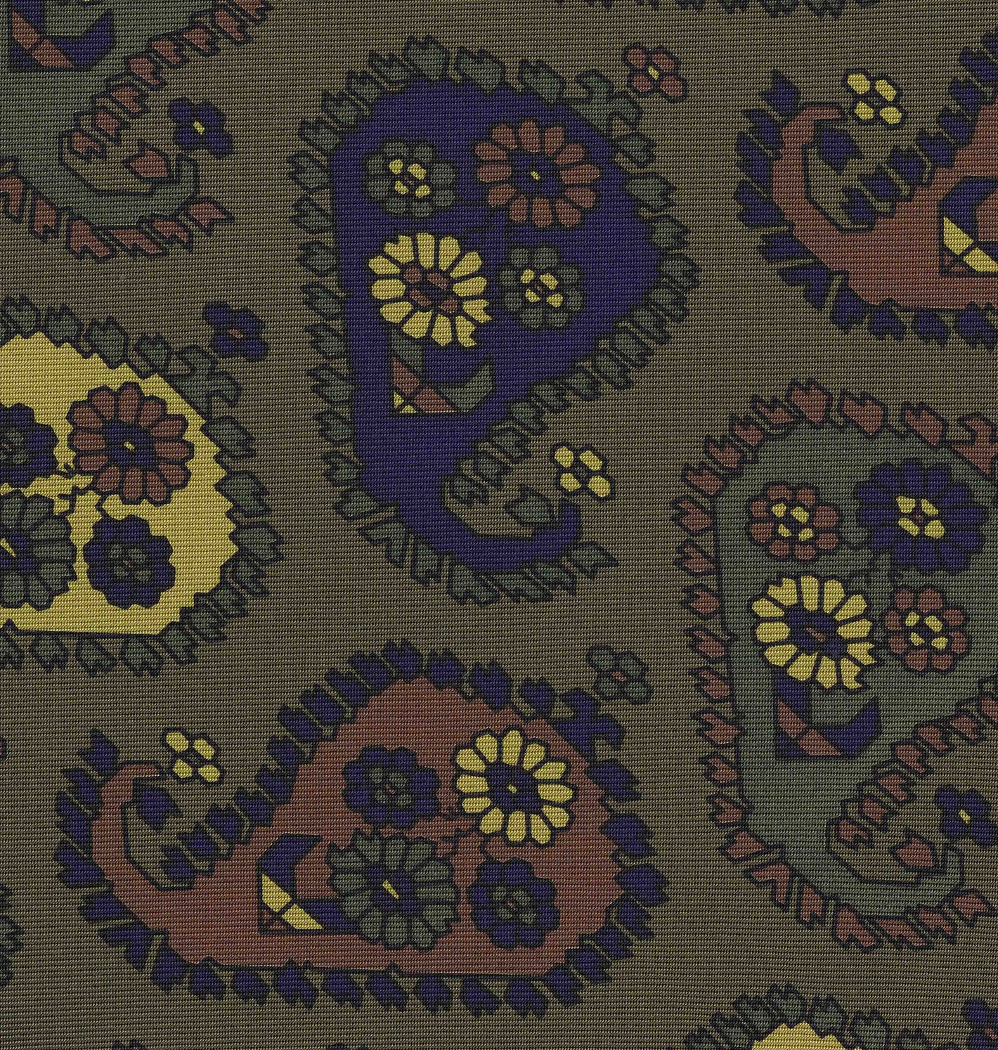 {[en]:Yellow Gold, Blue, Burgundy, Dark Olive Green & Black on Olive Green Print Pattern Silk Tie