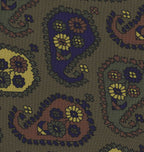 {[en]:Yellow Gold, Blue, Burgundy, Dark Olive Green & Black on Olive Green Print Pattern Silk Tie