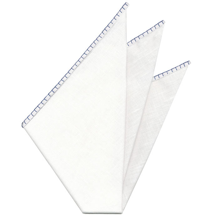 Belgian White Linen Pocket Squares with Navy Blue Hand Sewn Decorative Flat Edges