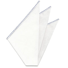 Belgian White Linen Pocket Squares with Navy Blue Hand Sewn Decorative Flat Edges