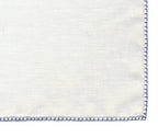 Belgian White Linen Pocket Squares with Dark Navy Blue Hand Sewn Decorative Flat Edges
