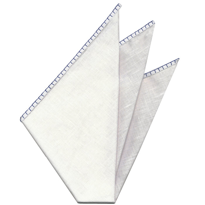 Belgian White Linen Pocket Squares with Dark Navy Blue Hand Sewn Decorative Flat Edges