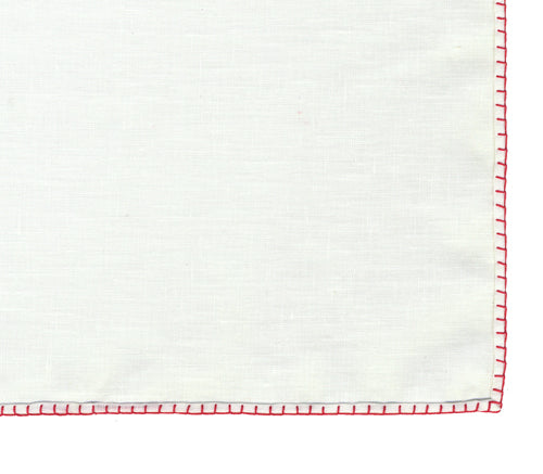 Belgian White Linen Pocket Squares with Bright Red Hand Sewn Decorative Flat Edges