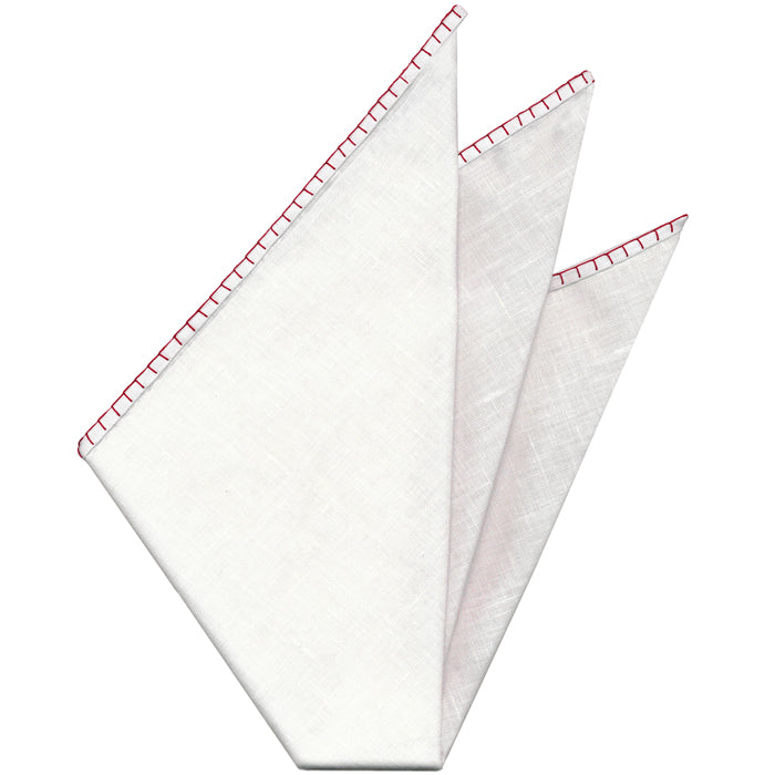 Belgian White Linen Pocket Squares with Bright Red Hand Sewn Decorative Flat Edges