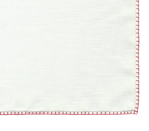 Belgian White Linen Pocket Squares with Red Hand Sewn Decorative Flat Edges