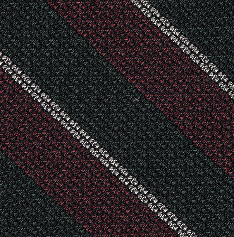 {[en]:Medium Red, Forest Green & Off-White Classic Grenadine Grossa Stripe Silk Tie