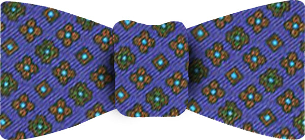 {[en]:Brown / Forest Green / Sky Blue & black on Navy Blue Macclesfield Printed Silk Bow Tie