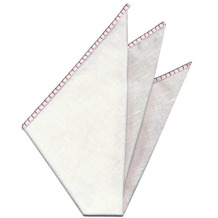 Belgian White Linen Pocket Squares with Red Hand Sewn Decorative Flat Edges
