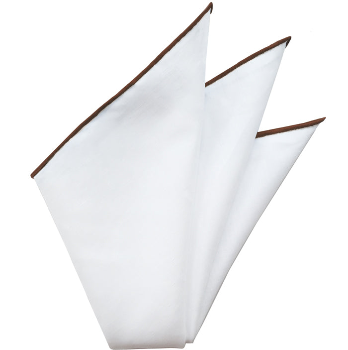 {[en]:Natural White Linen/Cotton with Brown Contrast Edges Pocket Square
