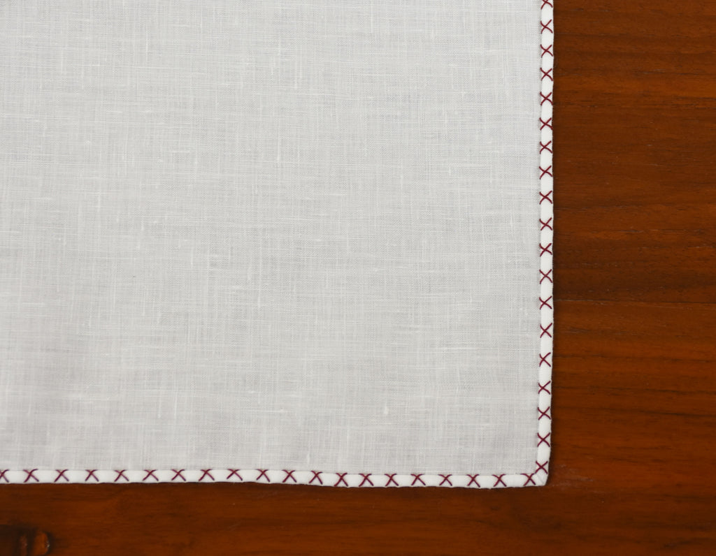 {[en]:Dark Red X Pattern Belgian White Linen Pocket Square