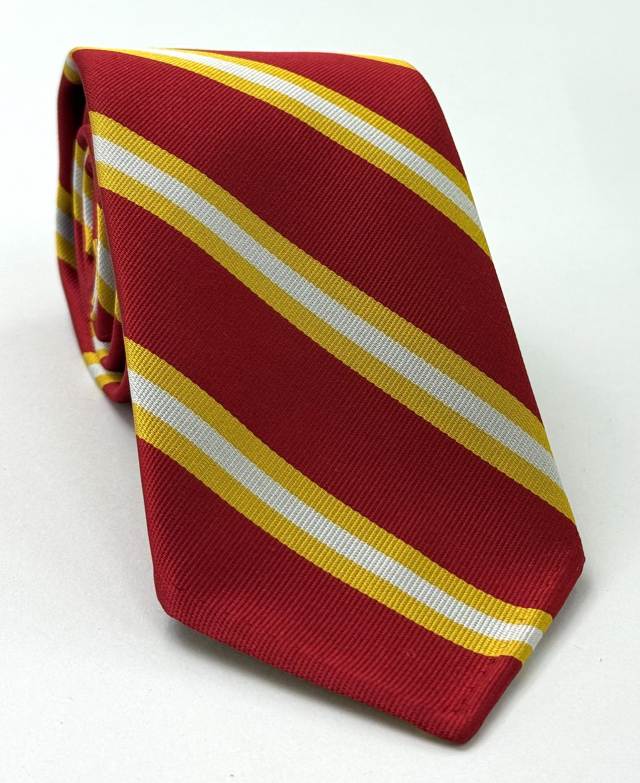 This is concise, natural, and under 255 characters. It preserves all key elements: colors (red background with yellow and white), the organization (US Army Corps of Engineers), product type (silk tie), and model (AMT-8).