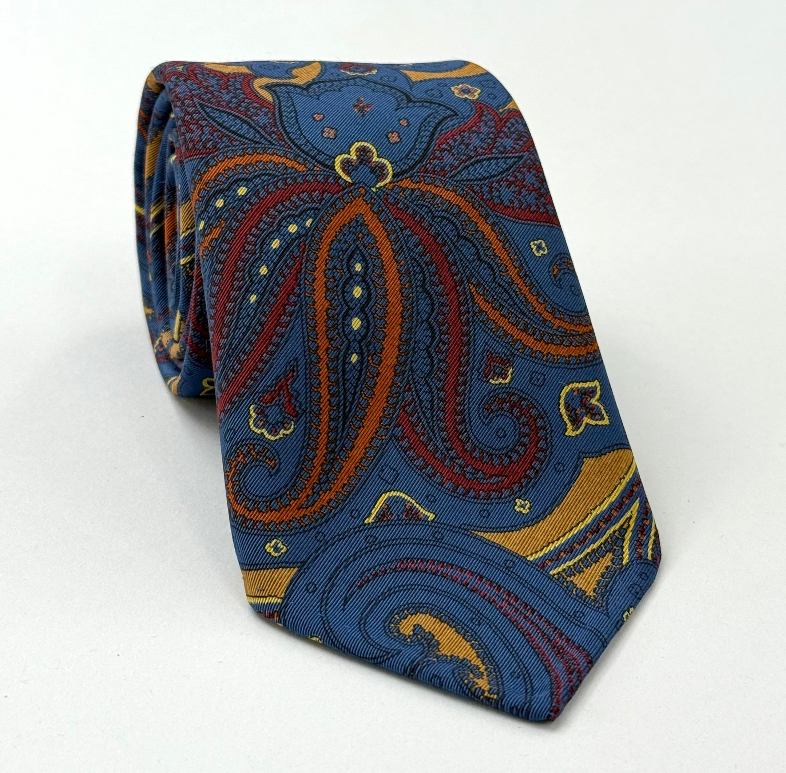 Yellow, Red, Black on Navy Blue Atkinsons Printed Irish Poplin Tie APR-11