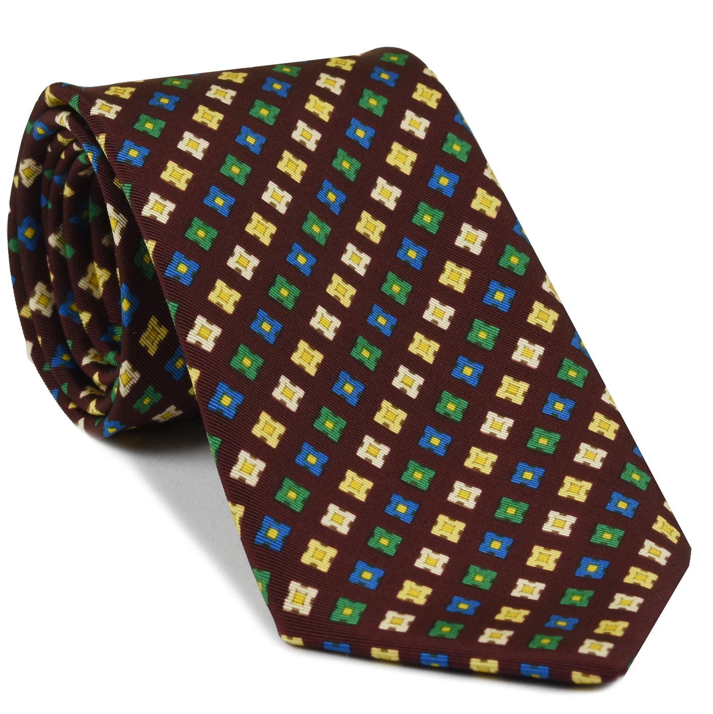 {[en]:Yellow, Green, Blue & Cream on Burgundy Atkinsons Printed Irish Poplin Tie