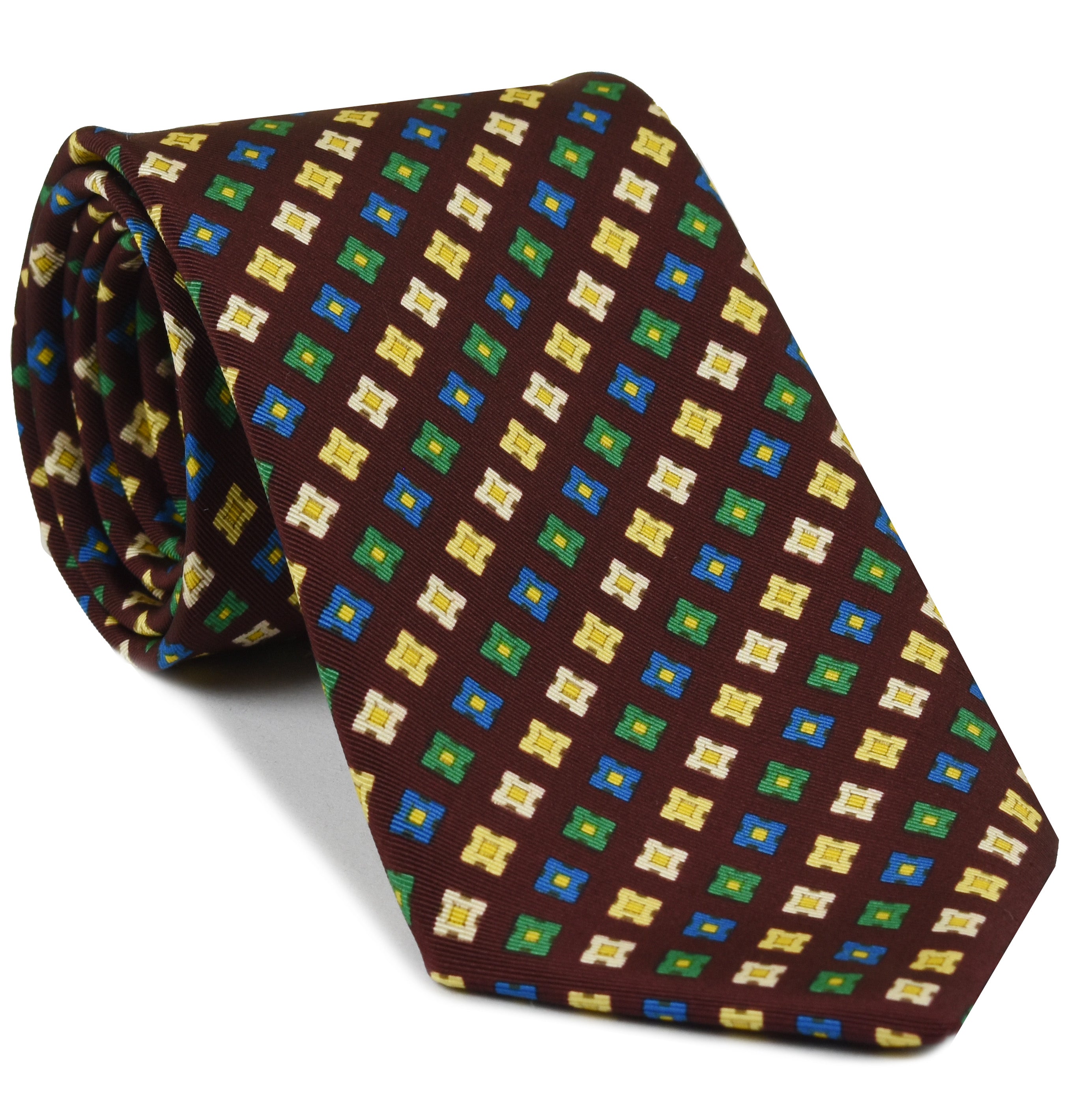 {[en]:Yellow, Green, Blue & Cream on Burgundy Atkinsons Printed Irish Poplin Tie