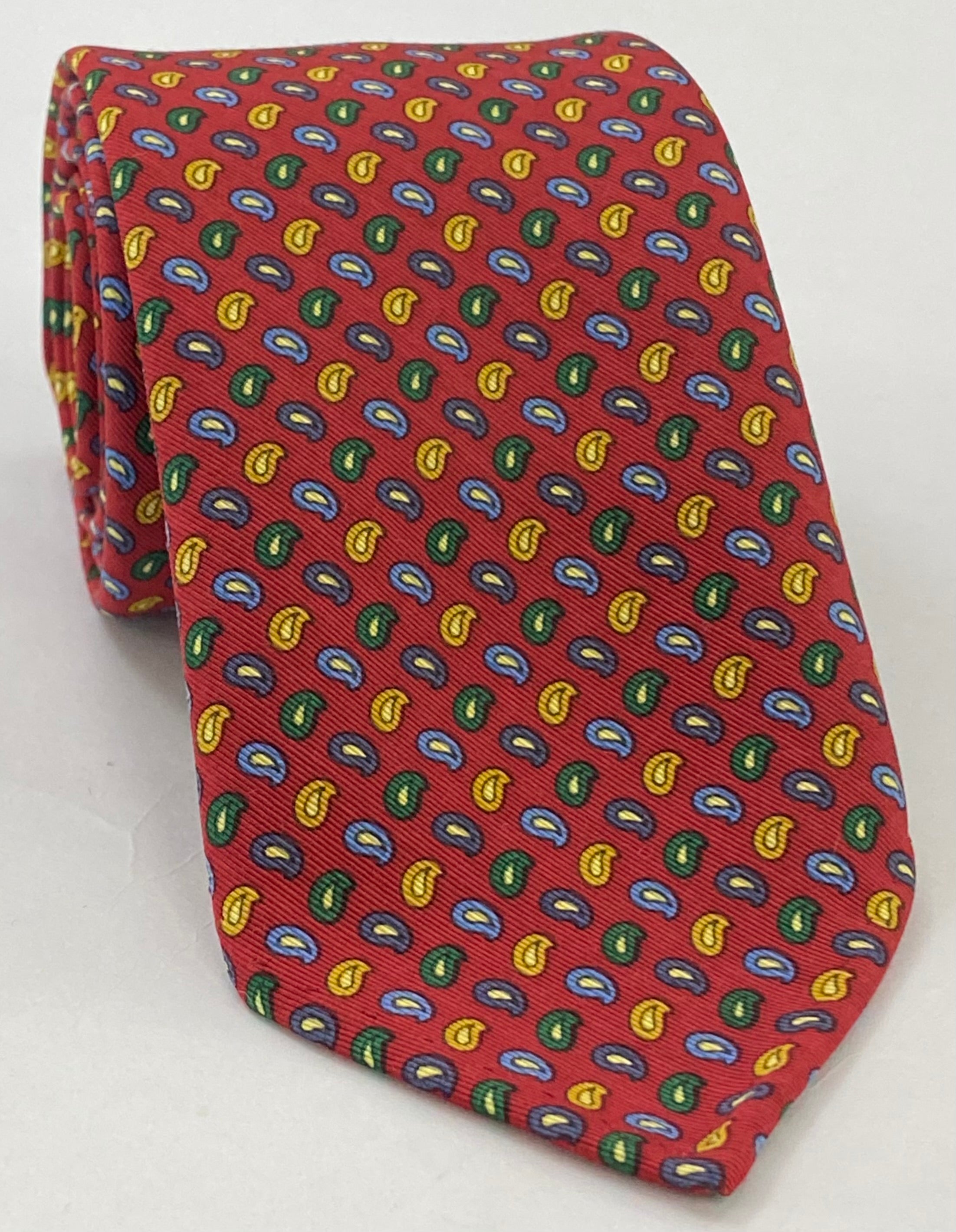 Green, Blue, Yellow, Light Yellow & Light Blue on Red Atkinsons Printed Irish Poplin Tie APR-5