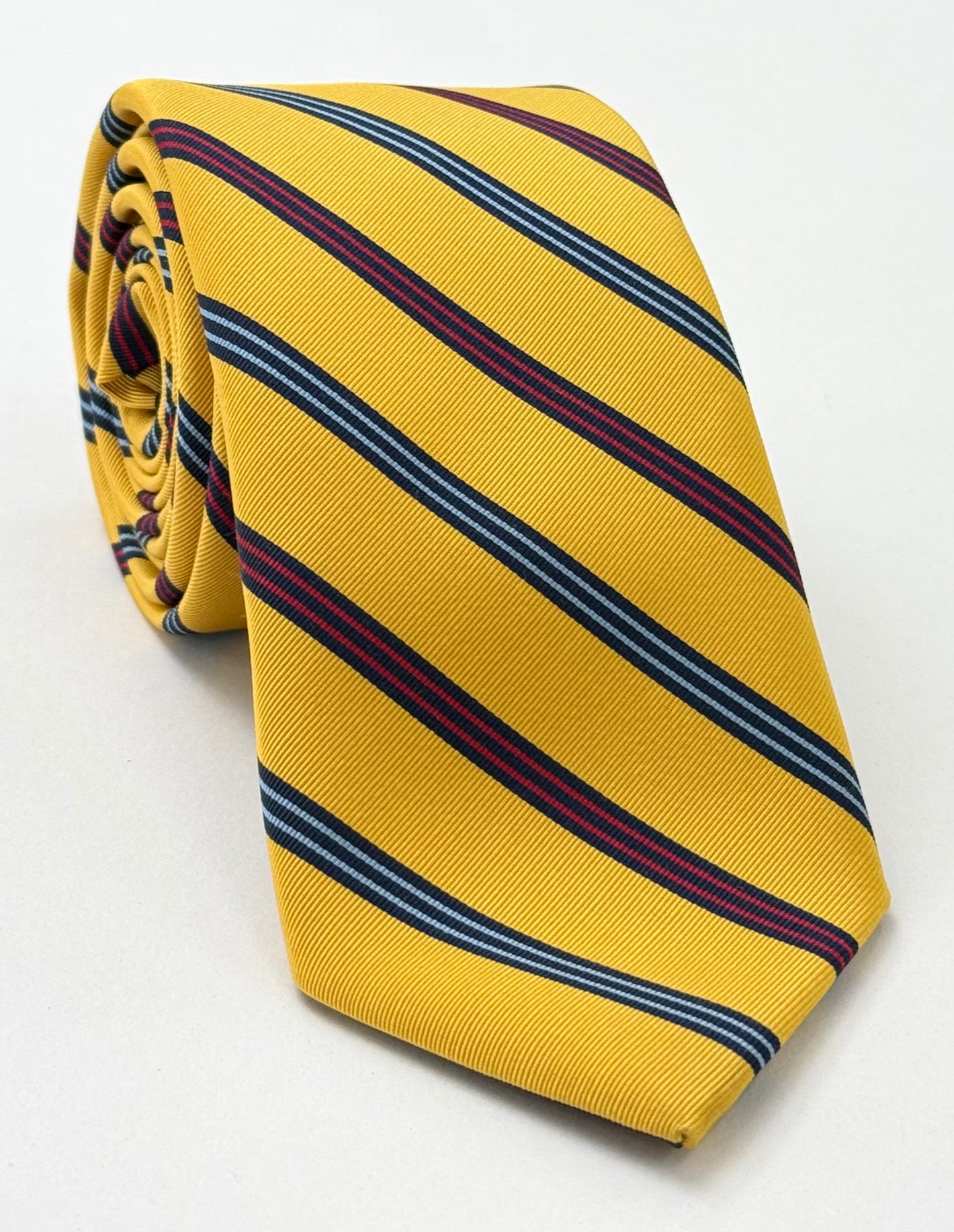 Powder Blue, Red & Midnight Blue on Yellow Atkinsons Striped Irish Poplin Tie AST-49