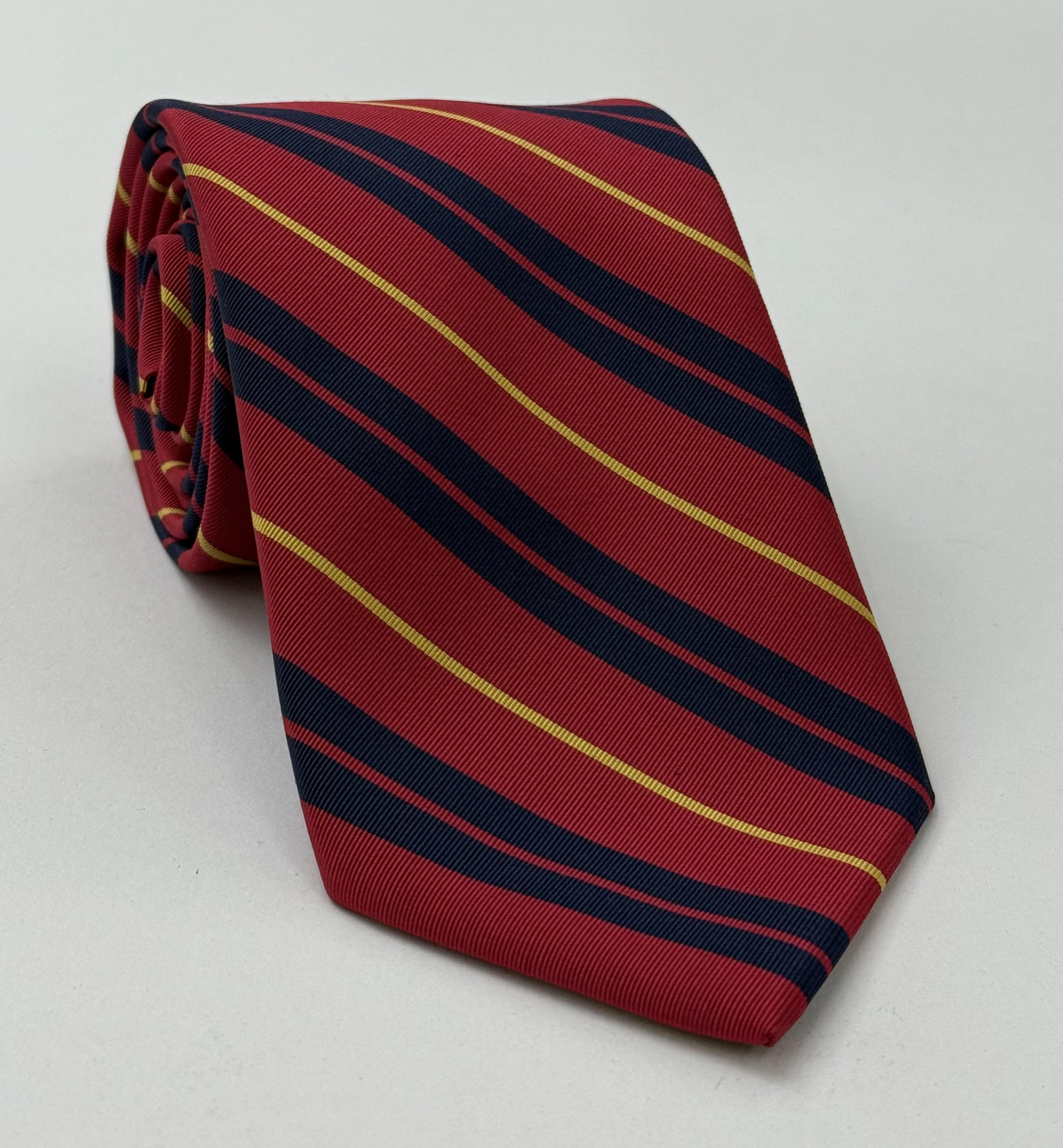Yellow & Midnight Blue on Red Atkinsons Striped Irish Poplin Tie AST-51