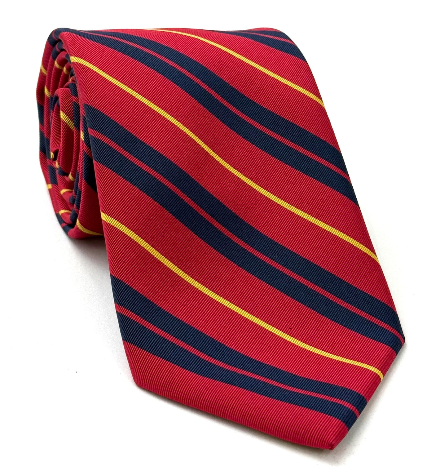Yellow & Midnight Blue on Red Atkinsons Striped Irish Poplin Tie AST-51