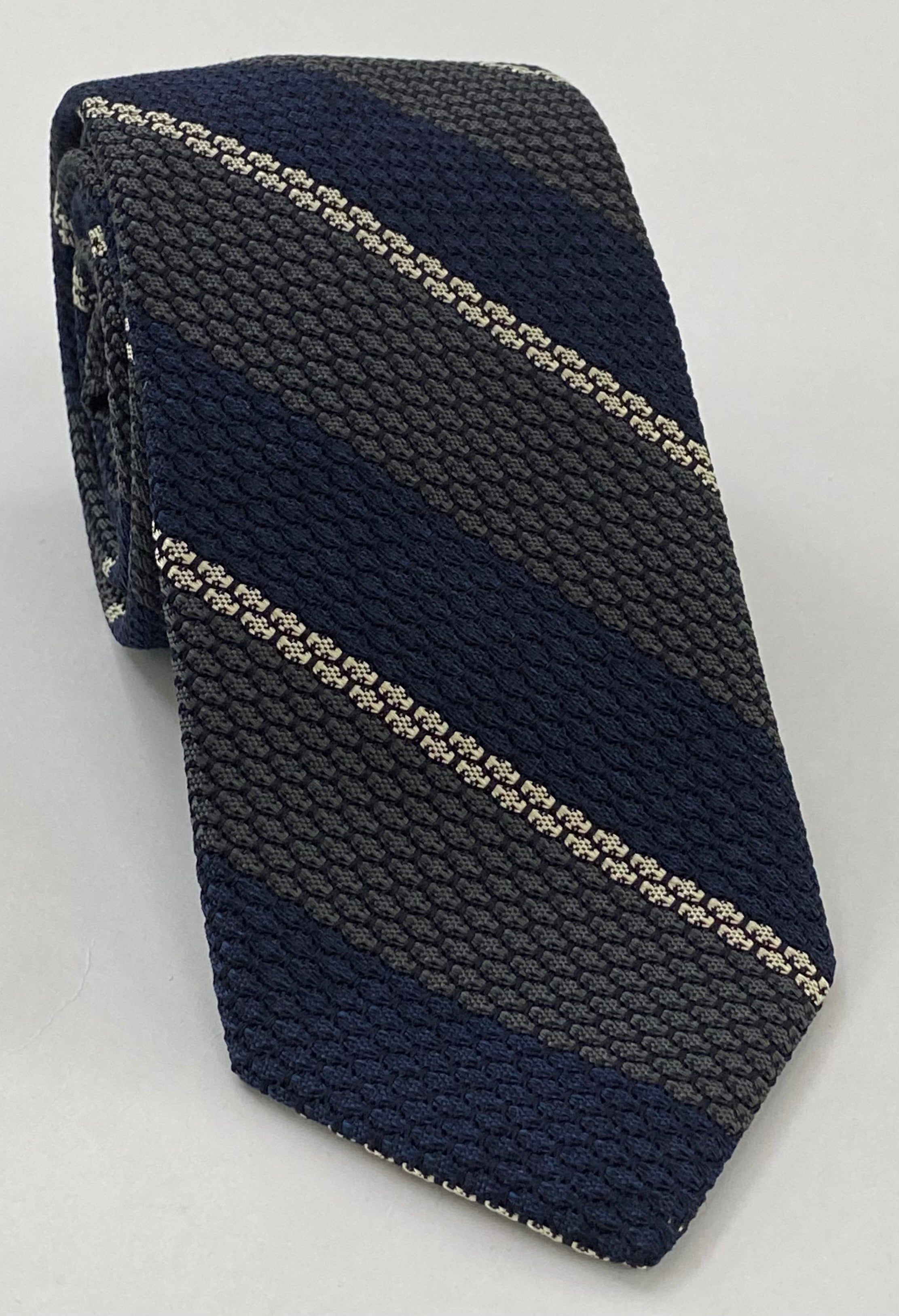Charcoal Gray, Midnight Blue & Off-White Classic Grenadine Grossa Stripe Silk Tie 2