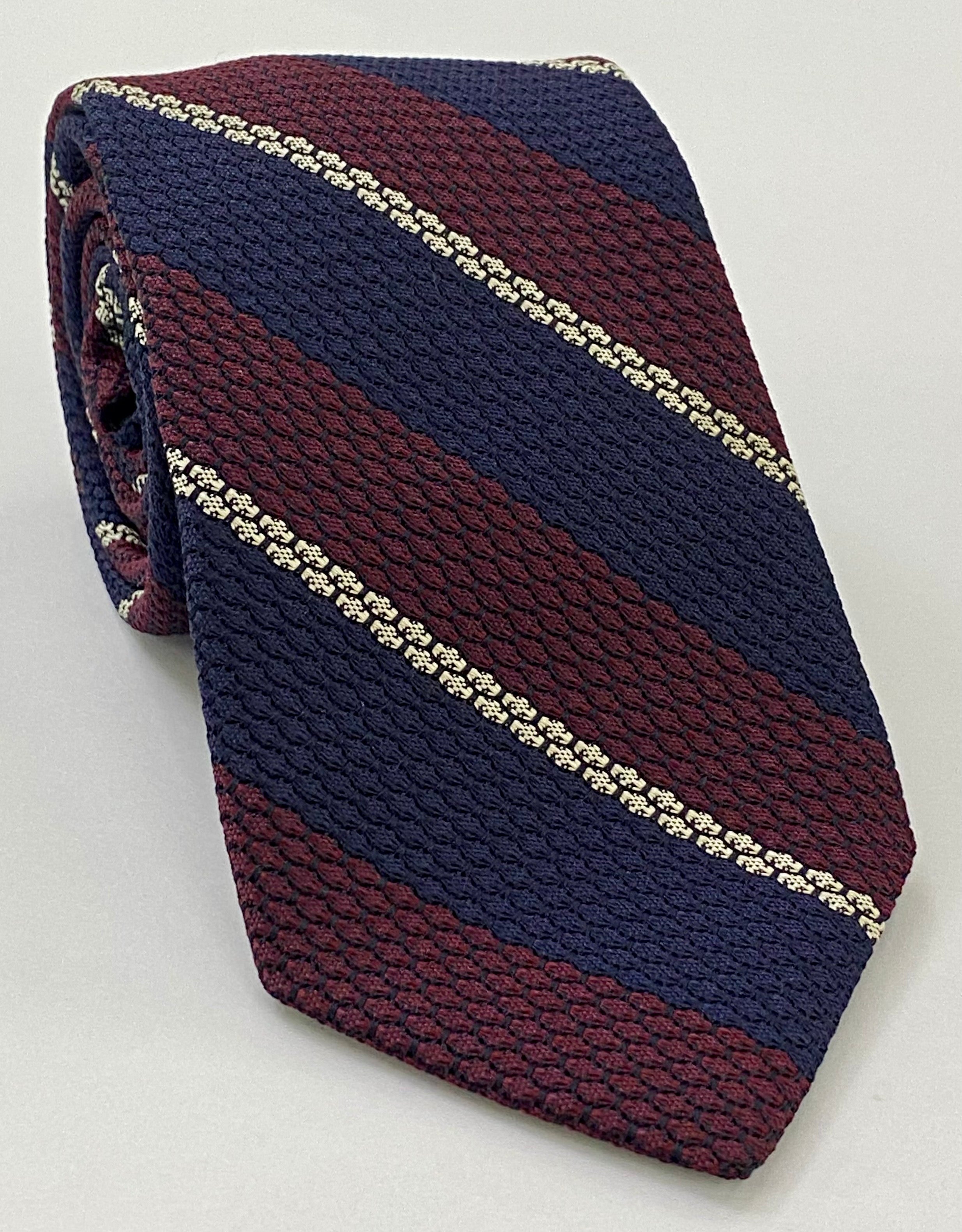 Dark Red, Midnight Blue & Off-White Classic Grenadine Grossa Stripe Silk Tie 4