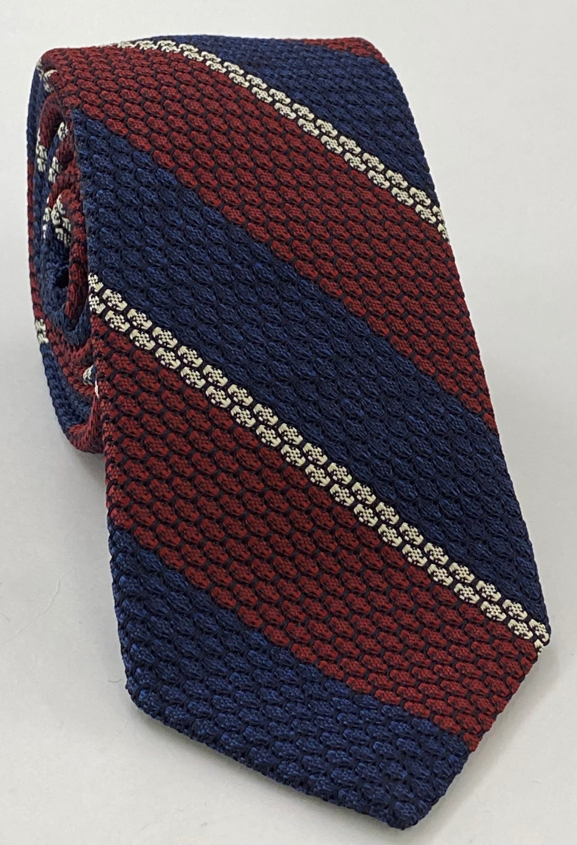 Red, Dark Navy & Off-White Classic Grenadine Grossa Stripe Silk Tie 6