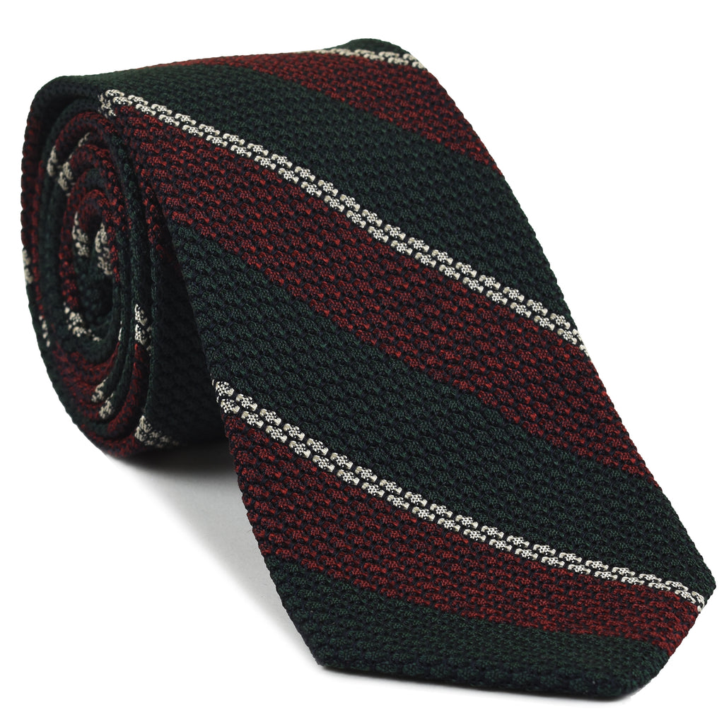 {[en]:Medium Red, Forest Green & Off-White Classic Grenadine Grossa Stripe Silk Tie