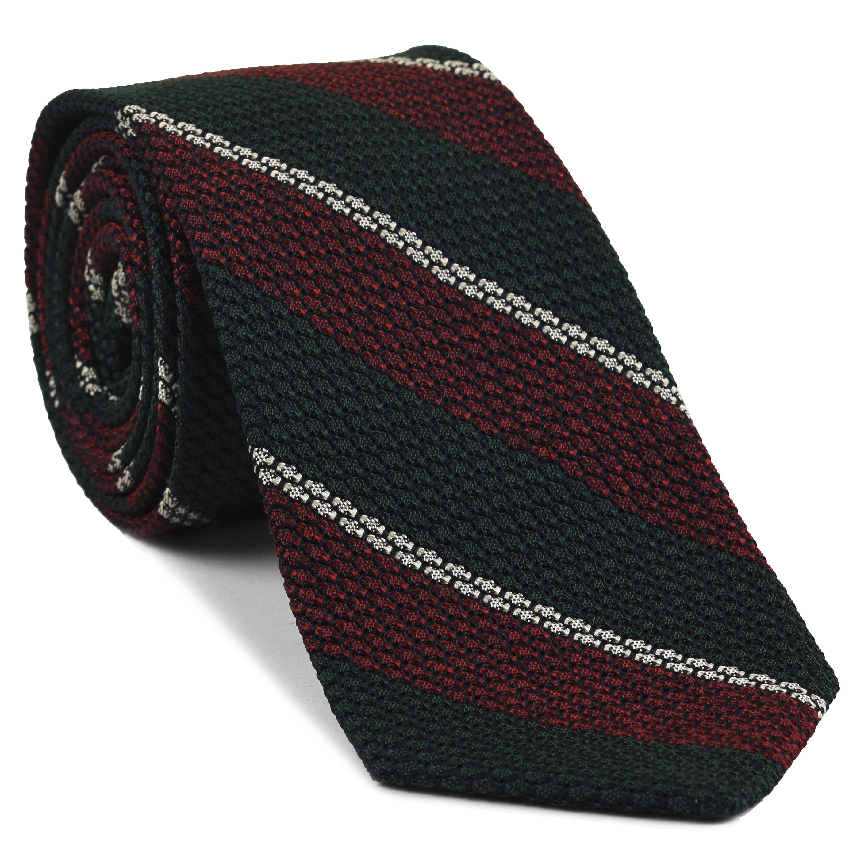 {[en]:Medium Red, Forest Green & Off-White Classic Grenadine Grossa Stripe Silk Tie