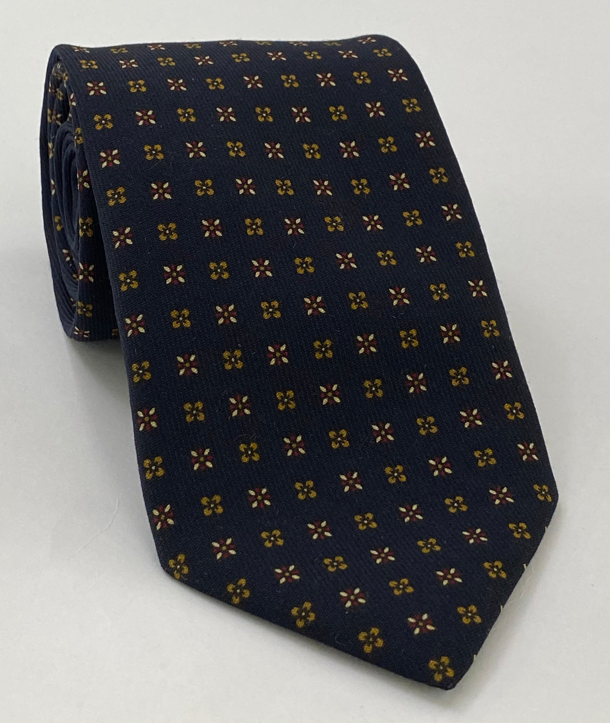 Burnt Orange, Red & Off-White on Midnight Blue Pattern Challis Wool Tie CHPT-1