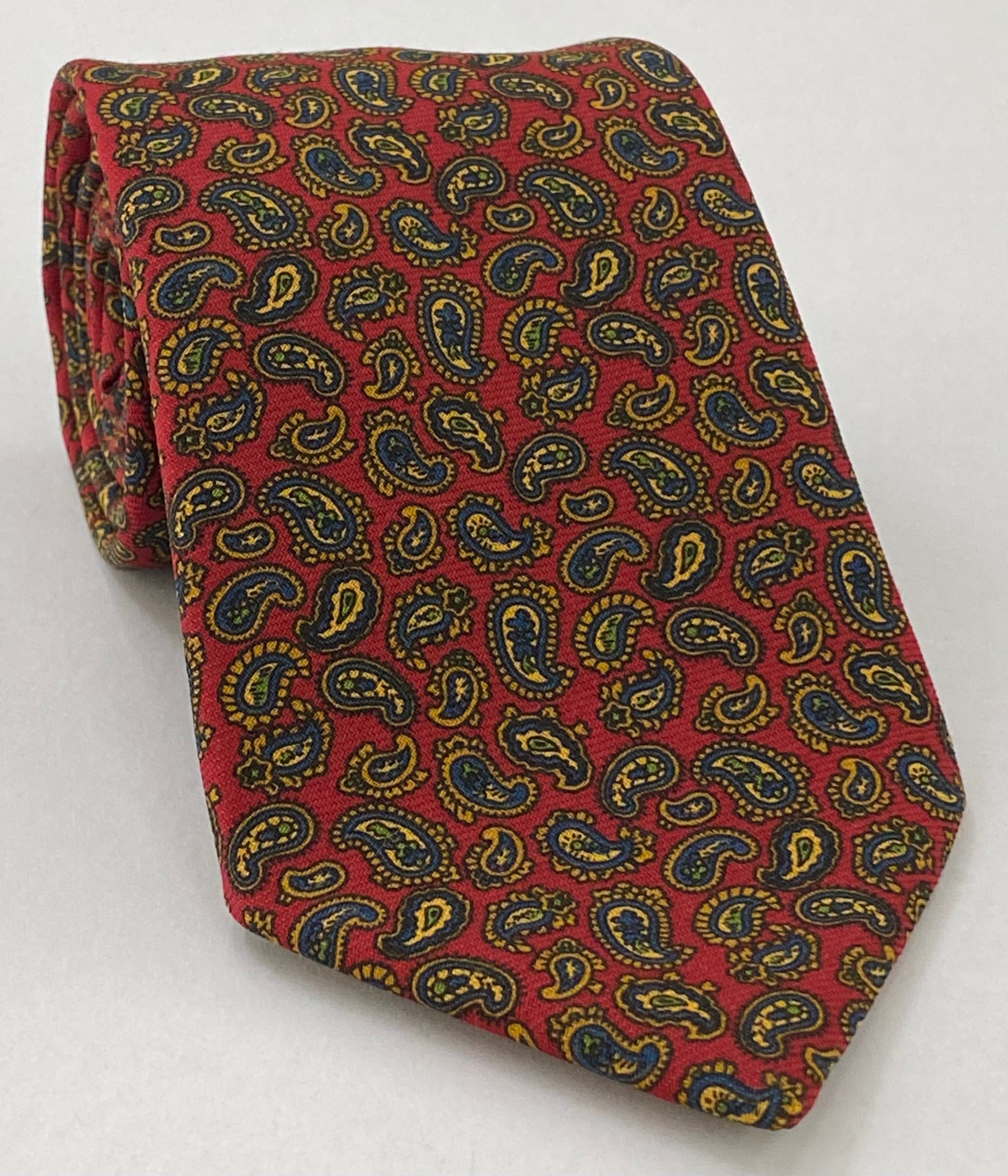 Orange, Sky Blue, Green & Light Yellow on Red Paisley Pattern Challis Wool Tie CHPT-9