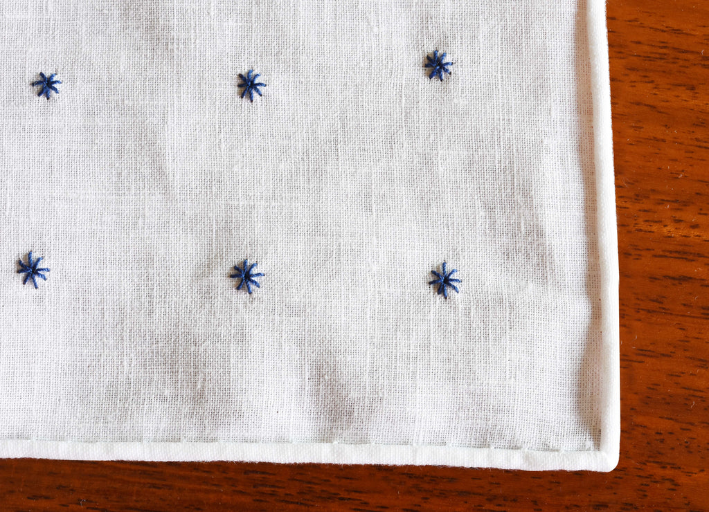 {[en]:Belgian White Linen With Navy Blue Embroidered Stars Pocket Squares
