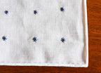 {[en]:Belgian White Linen With Dark Navy Blue Embroidered Stars Pocket Square