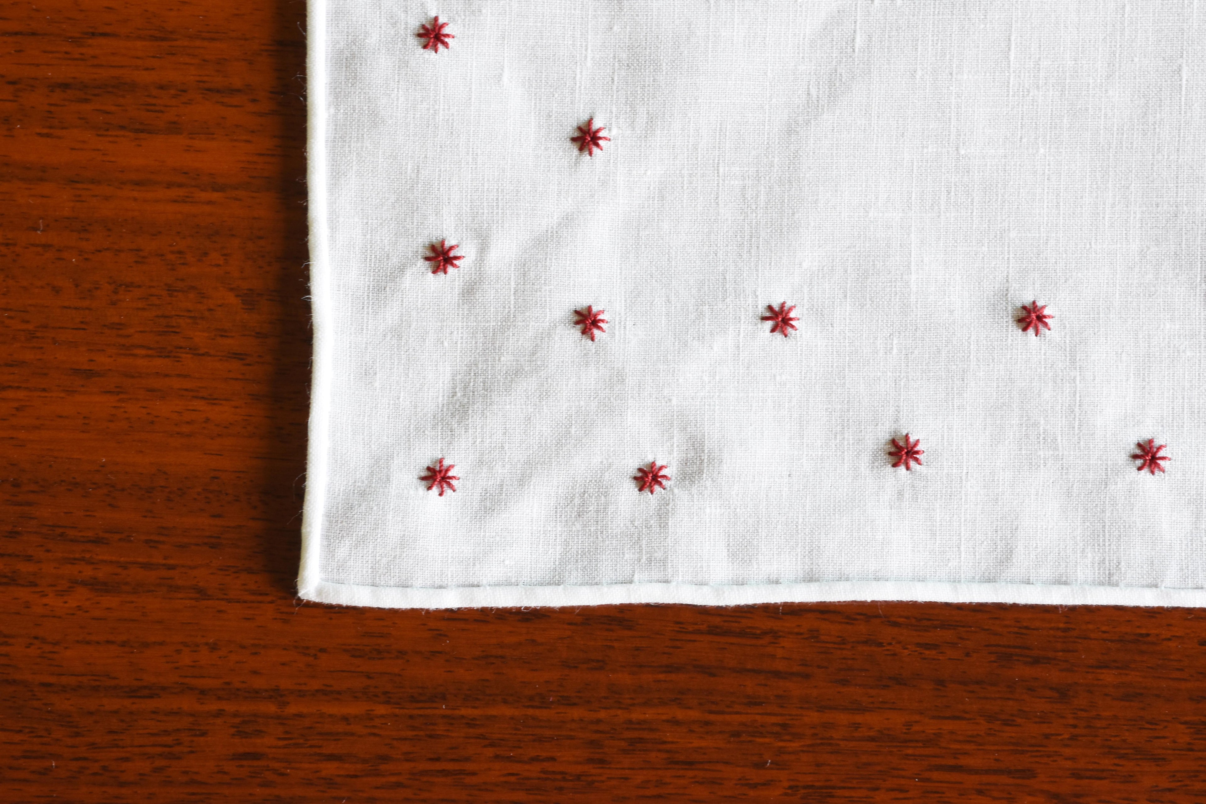 {[en]:Belgian White Linen With Dark Red Blue Embroidered Star Pocket Squares