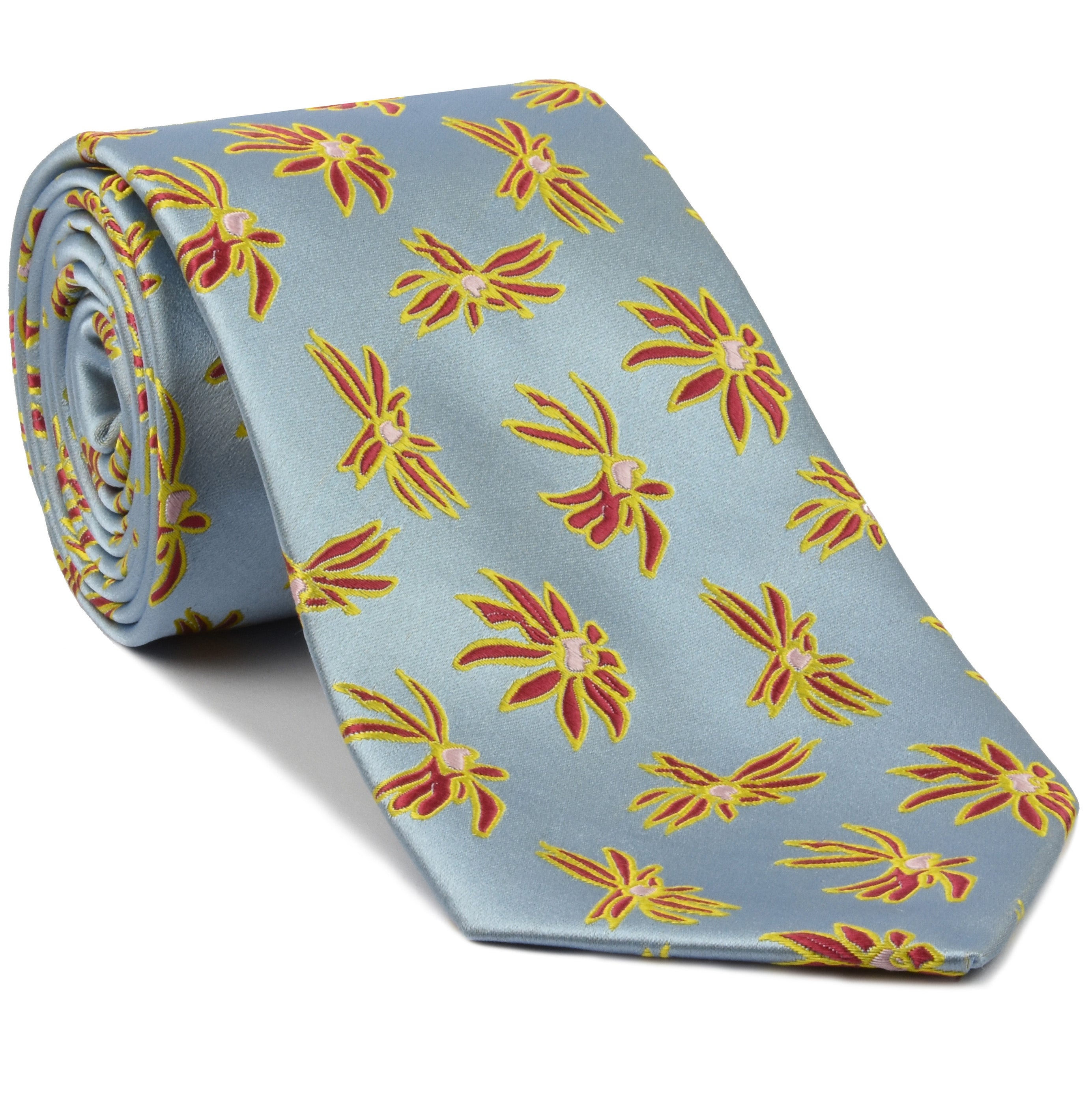 {[en]:Red, Yellow & White on Light Blue Flower Silk Tie
