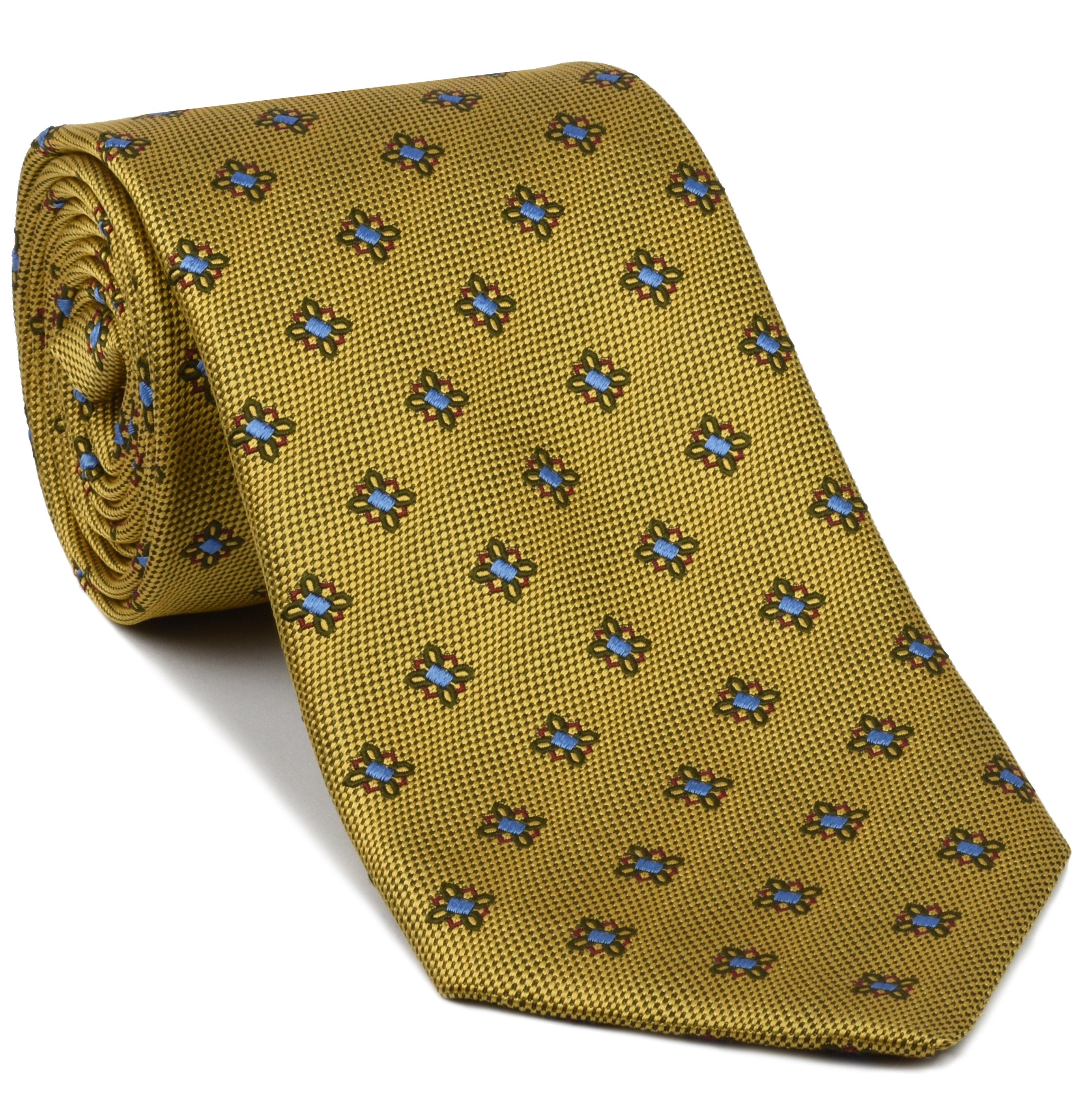 Olive Green, Sky Blue & Red Flower On Yellow Gold - Flower Silk Bow Tie FBT 35