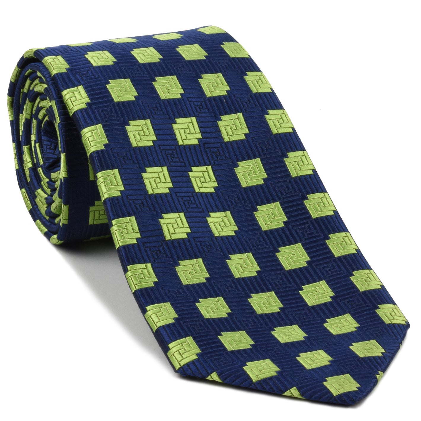 {[en]:Lime Green on Navy Blue English Geometric Silk Tie