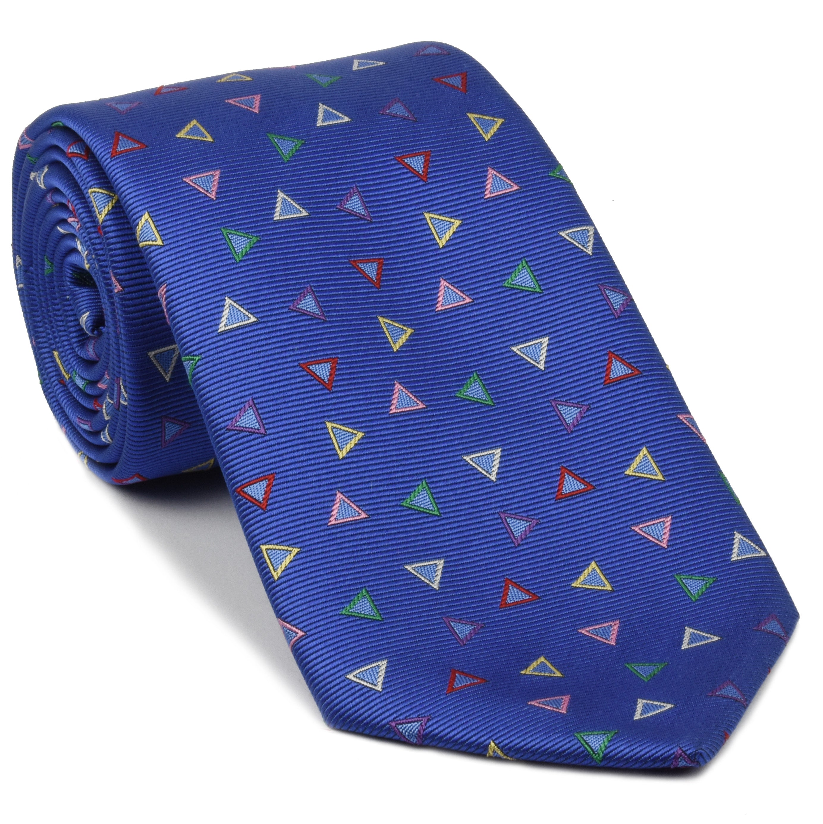 Red, Pink, Green, Yellow, White & Violet on Medium Blue English Geometric Silk Tie EGT-6