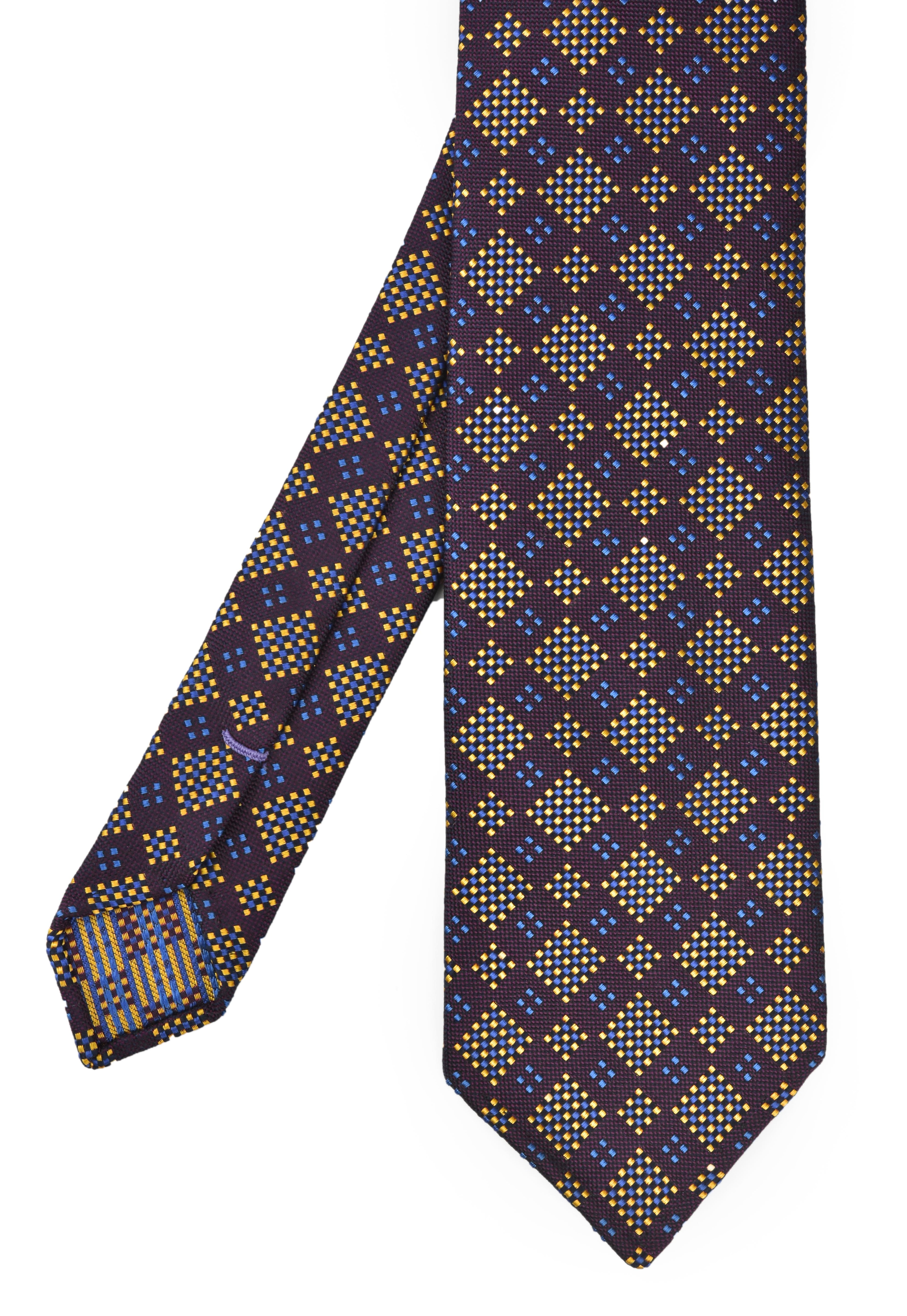 {[en]:Yellow-Gold, Blue, Navy Blue on Red-Violet Pattern Silk Tie