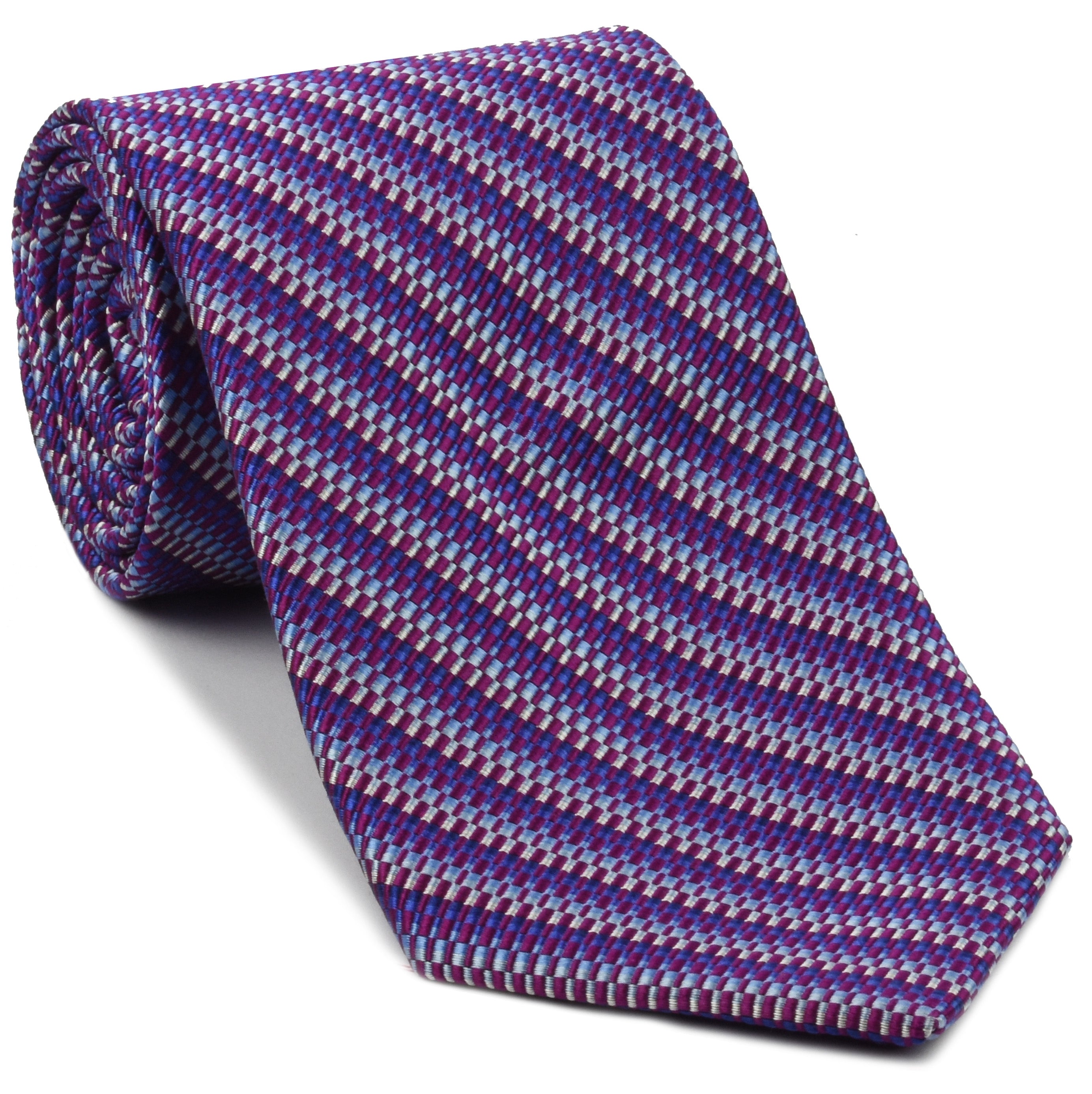 {[en]:Fuchsia, Navy Blue, Blue, Sky Blue & Silver  Pattern Silk Tie