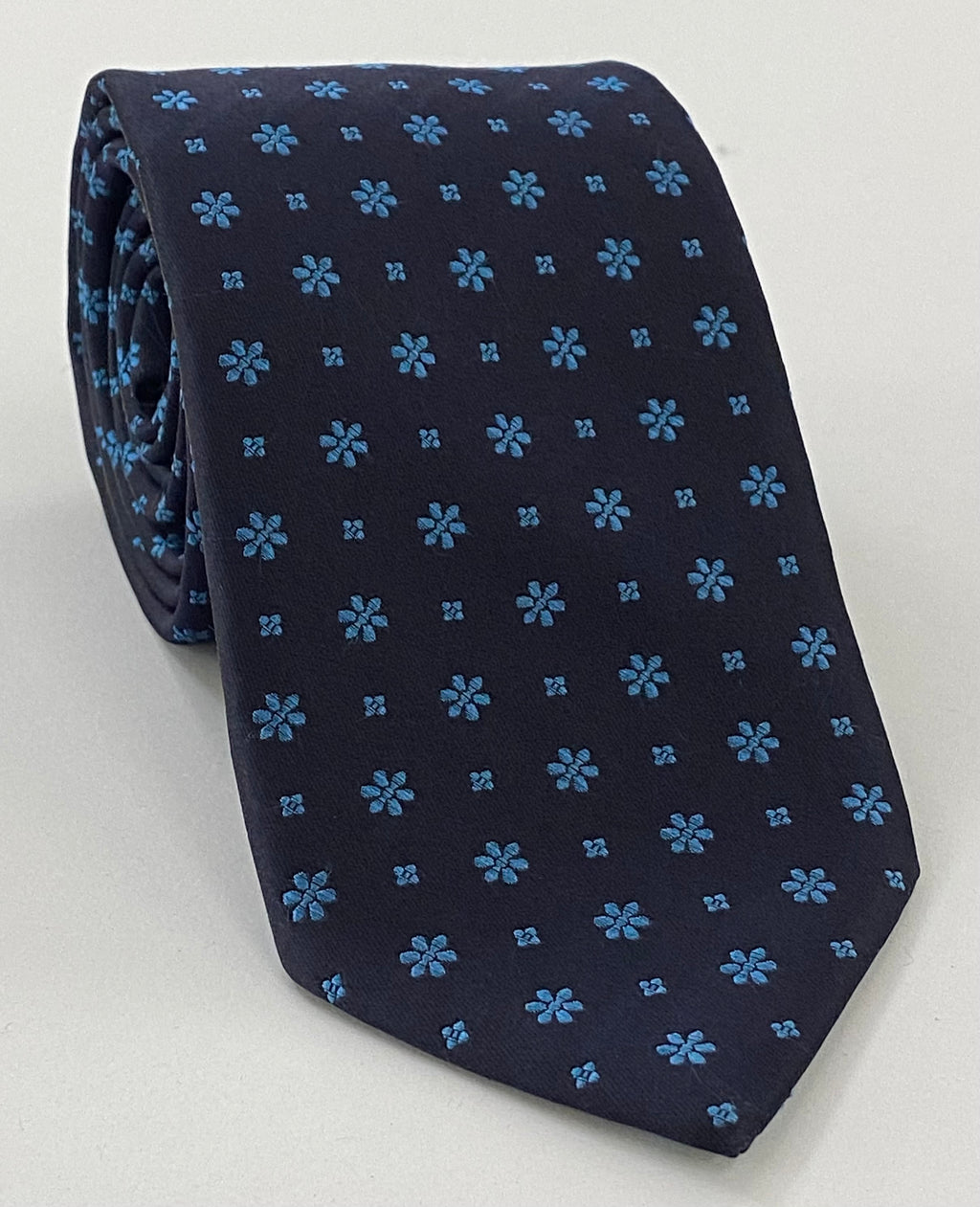 Sky Blue on Midnight Blue Classic Flower Silk Tie FFFT-1