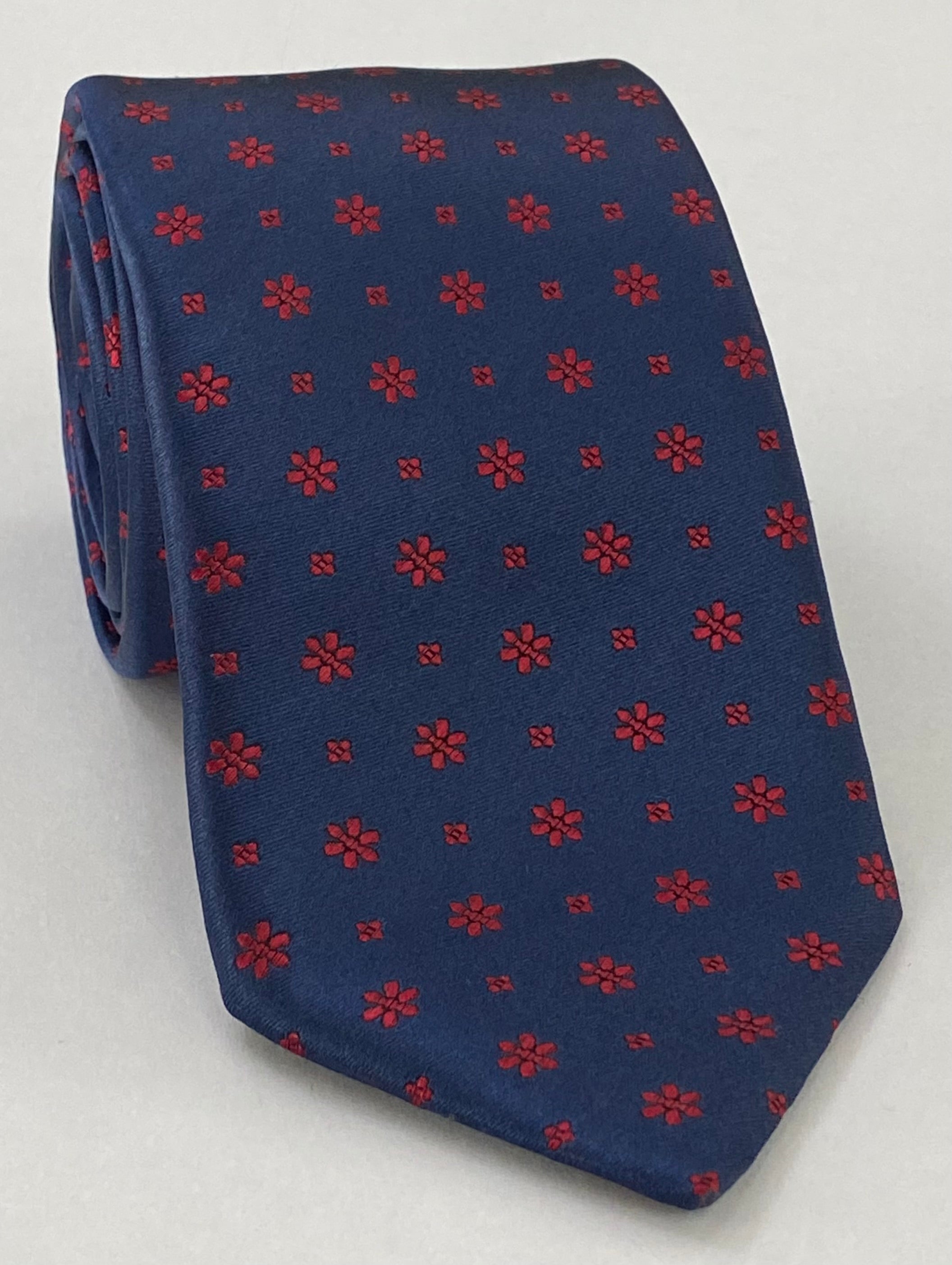 Red on Midnight Blue Classic Flower Silk Tie FFFT-3