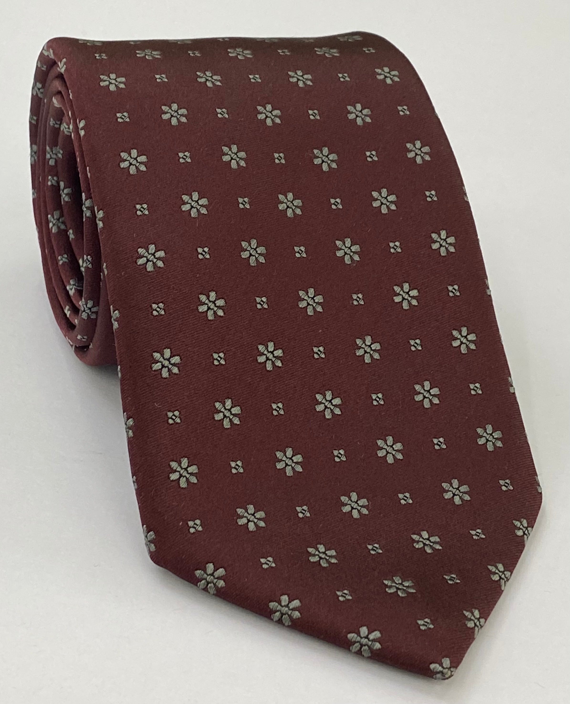 Gray on Burgundy Classic Flower Silk Bow Tie FFFBT-6