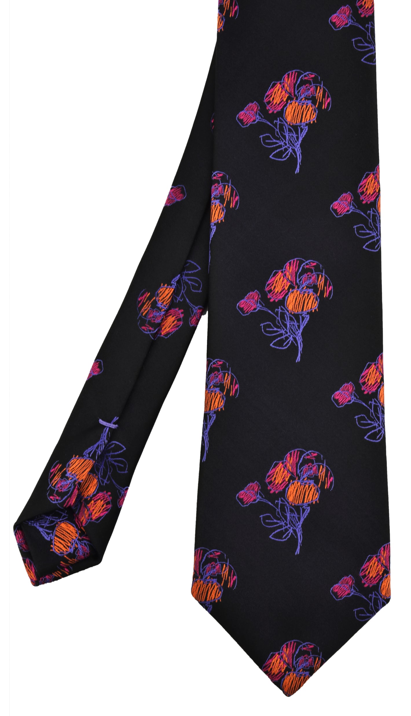 {[en]:Purple, Lavender , Orange & Fuchsia on Black Flower Silk Tie