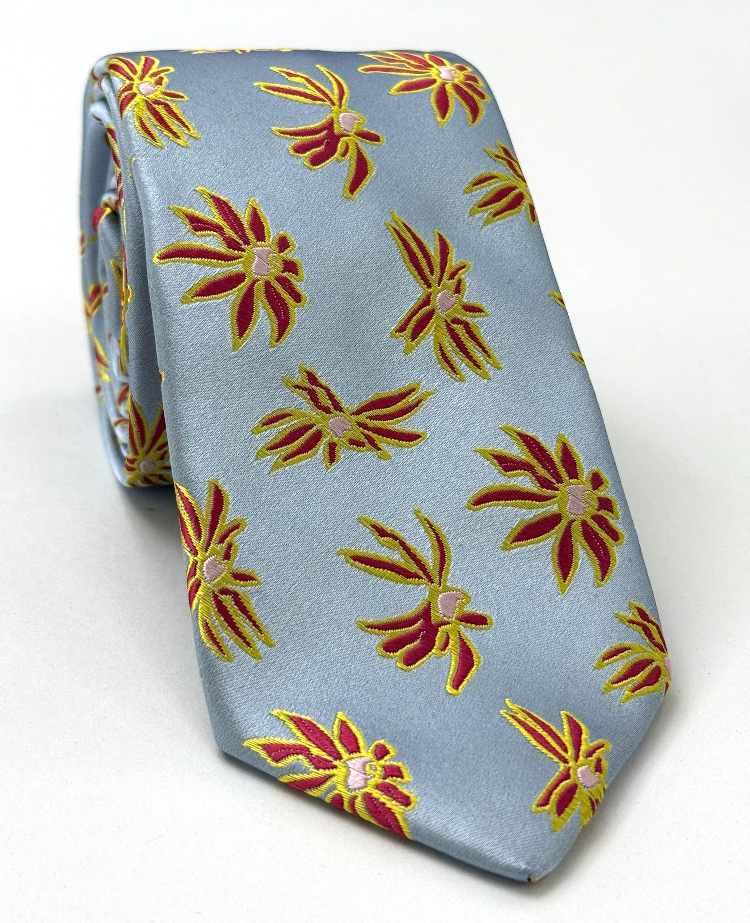 Red, Yellow & White on Light Blue Flower Silk Tie FT-26