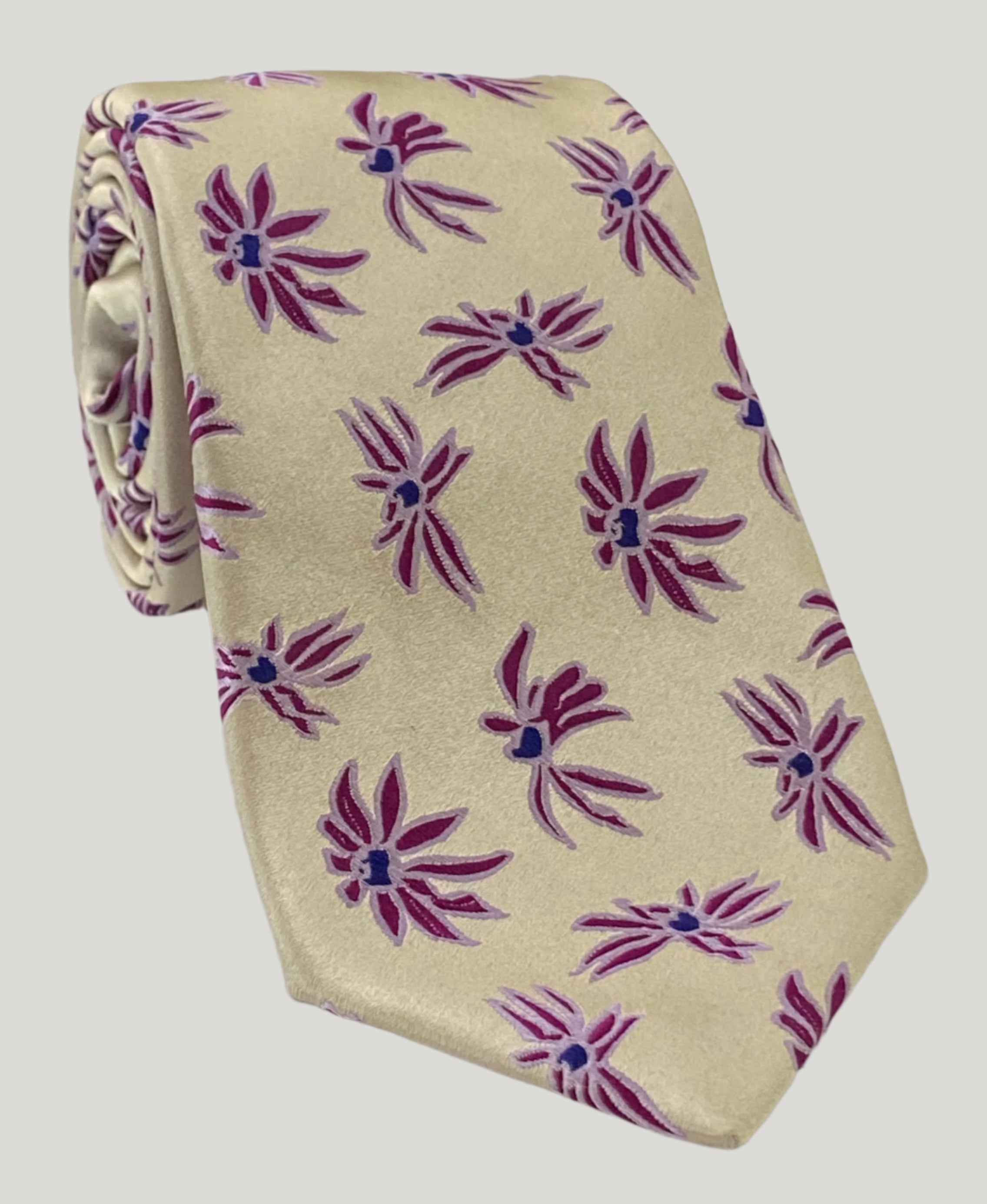ネイビーブルー、ダークフクシア、オフホワイトとライトゴールドの花柄シルクタイ FT-27