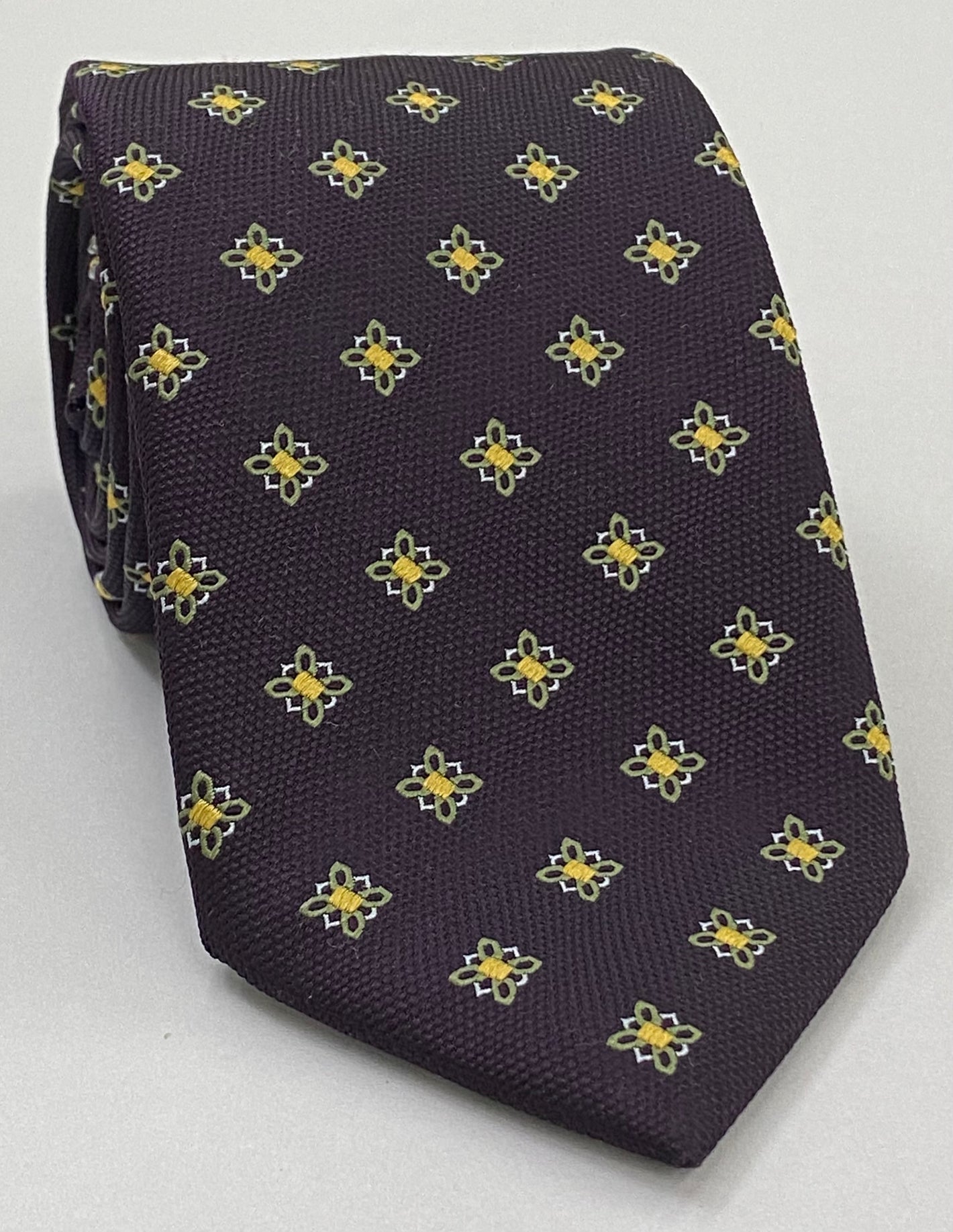 Young Leaf Green, Corn Yellow & White Flower On Burgundy Silk Tie #30
