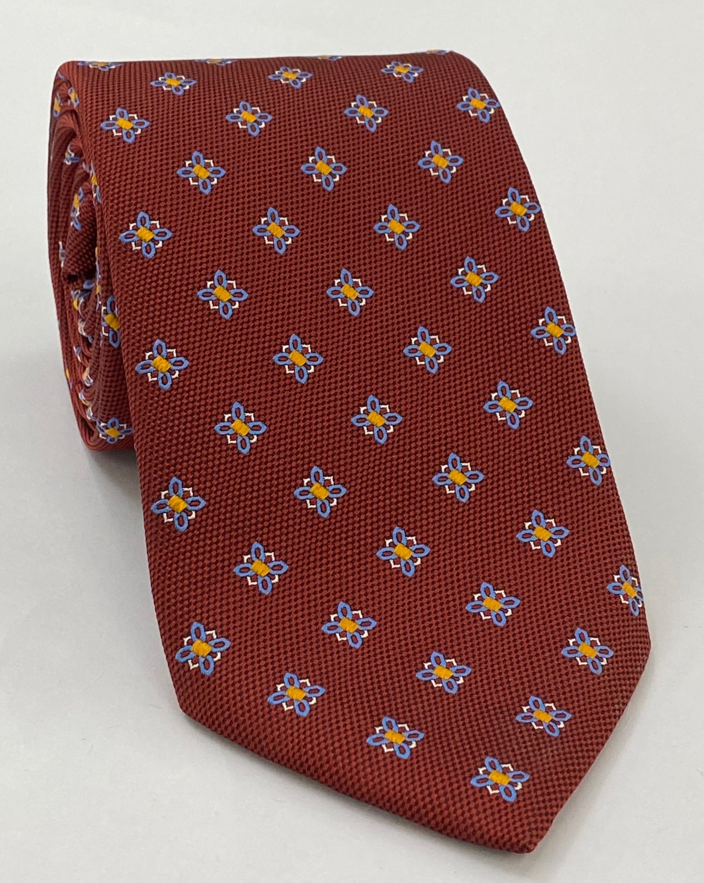 Sky Blue, White & Yellow Gold Flower On Red/Orange - Flower Silk Tie FT-32