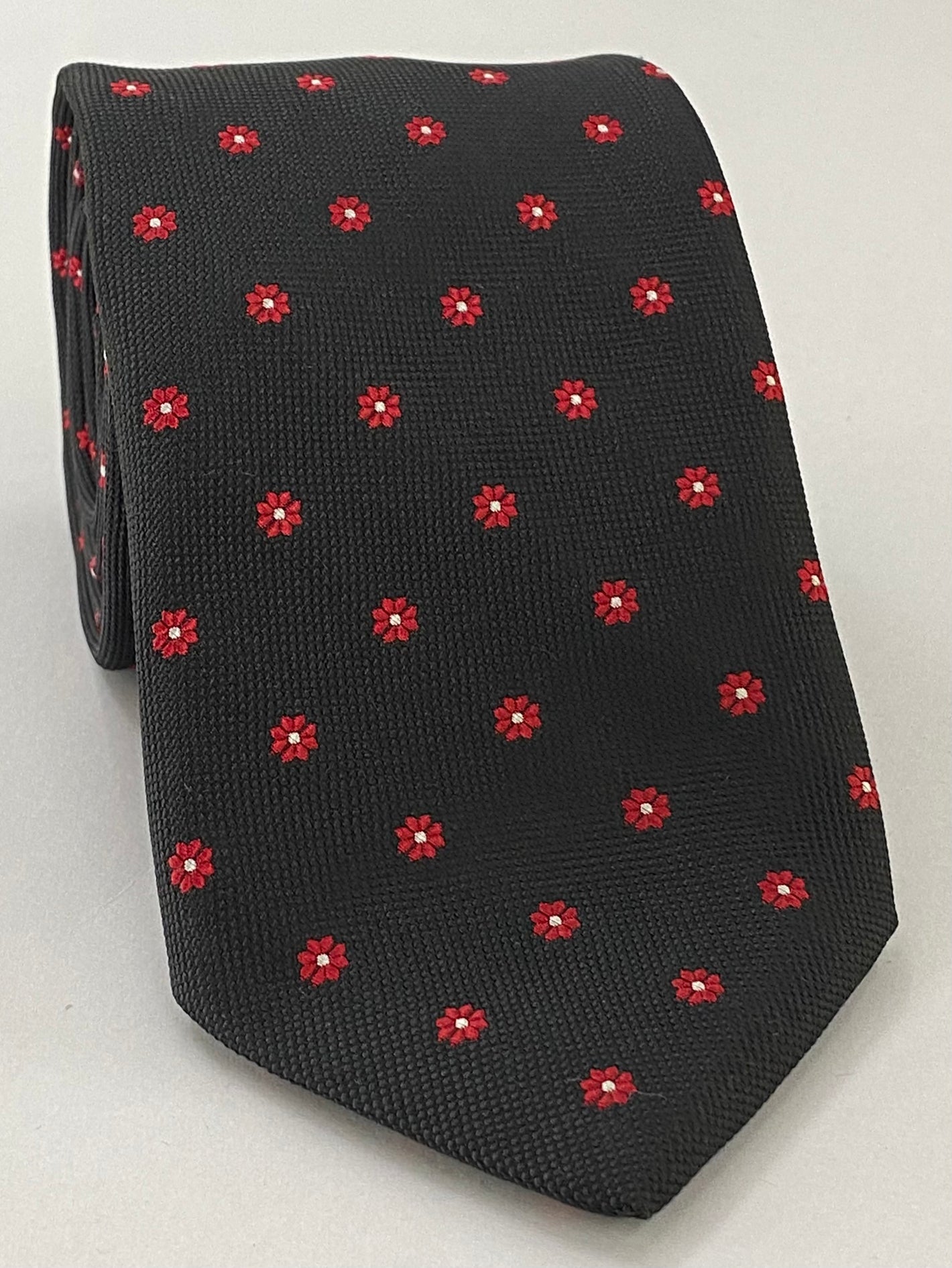 Red & White on Black Flower Silk Tie FT-6