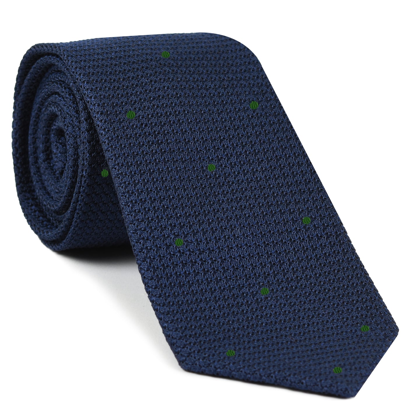 Soft Navy Blue Grenadine Grossa with Green (Hand Sewn) Pin Dots Silk Tie #GGDT-11 (21)