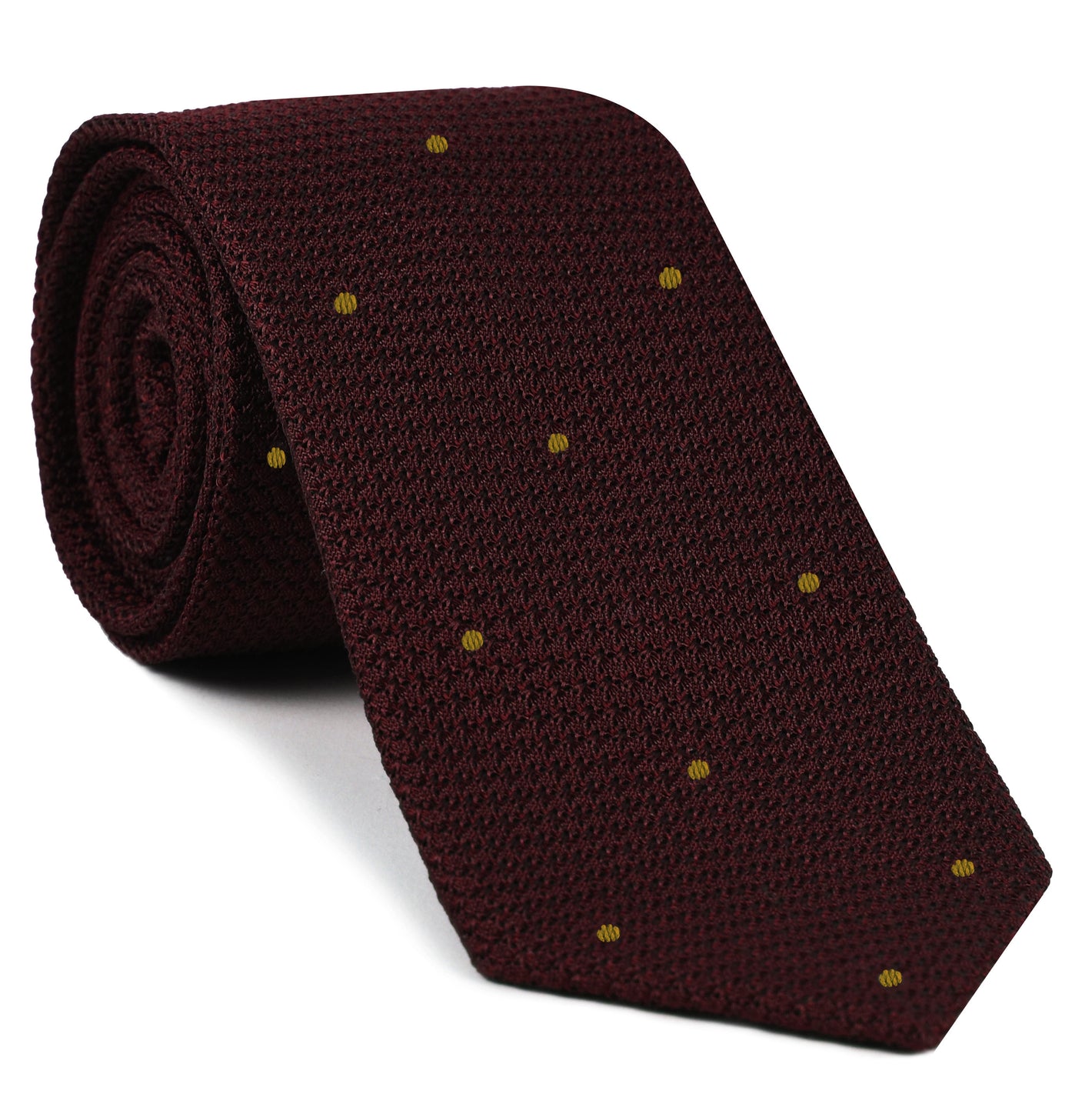 {[en]:Burgundy Grenadine Grossa with Gold (Hand Sewn) Pin Dots Silk Tie